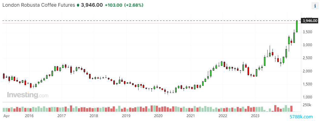 罗布斯塔咖啡期货月线图